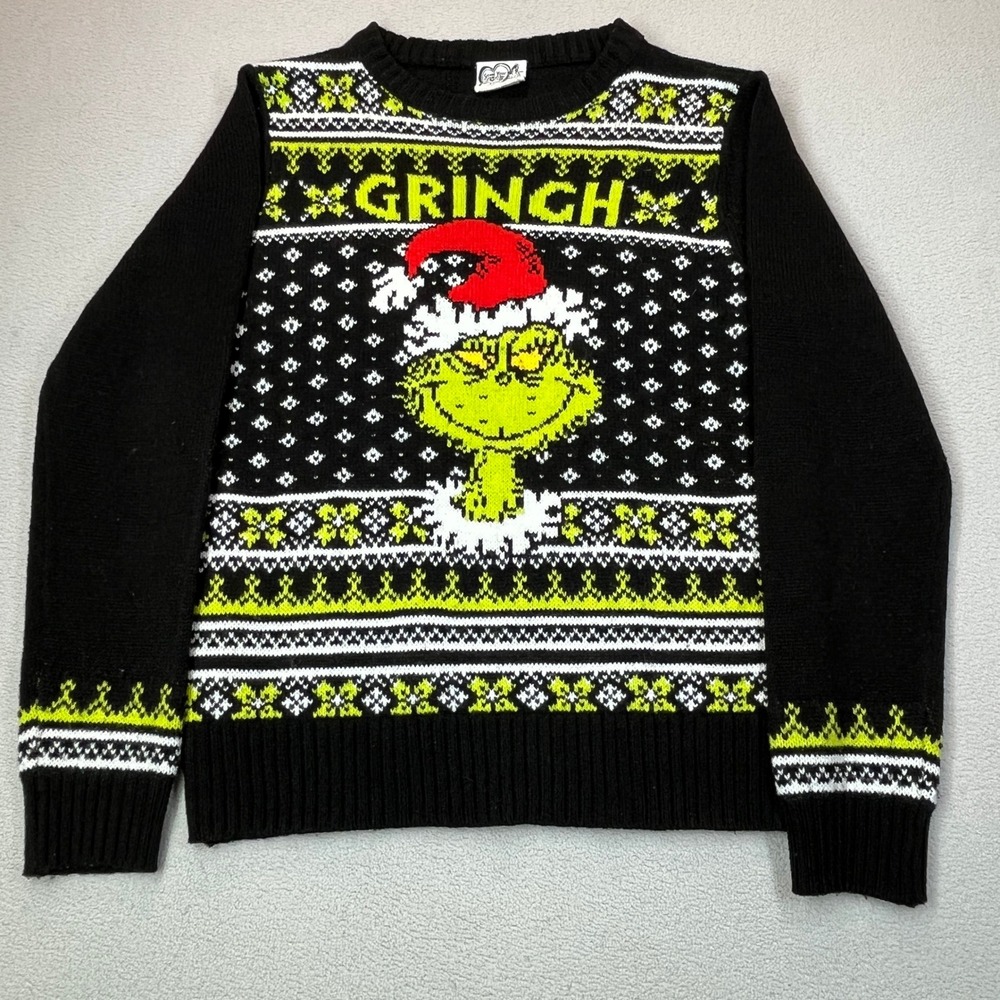 Dr. Seuss The Grinch Holiday Sweater Black Green Fair Isle Christmas Womens Med